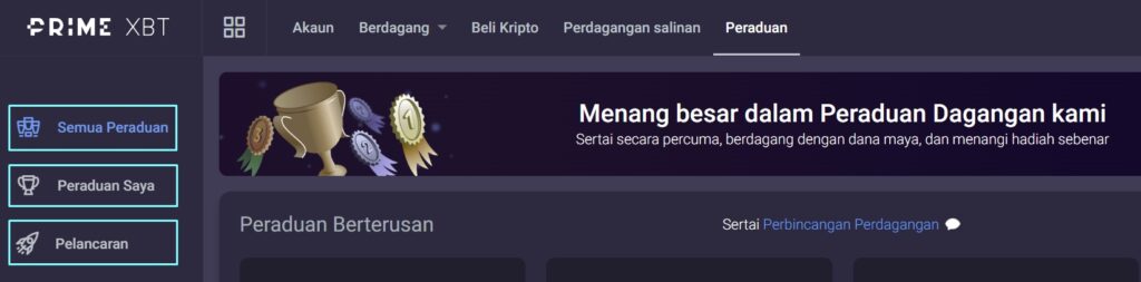 Antaramuka web pertandingan PrimeXBT.