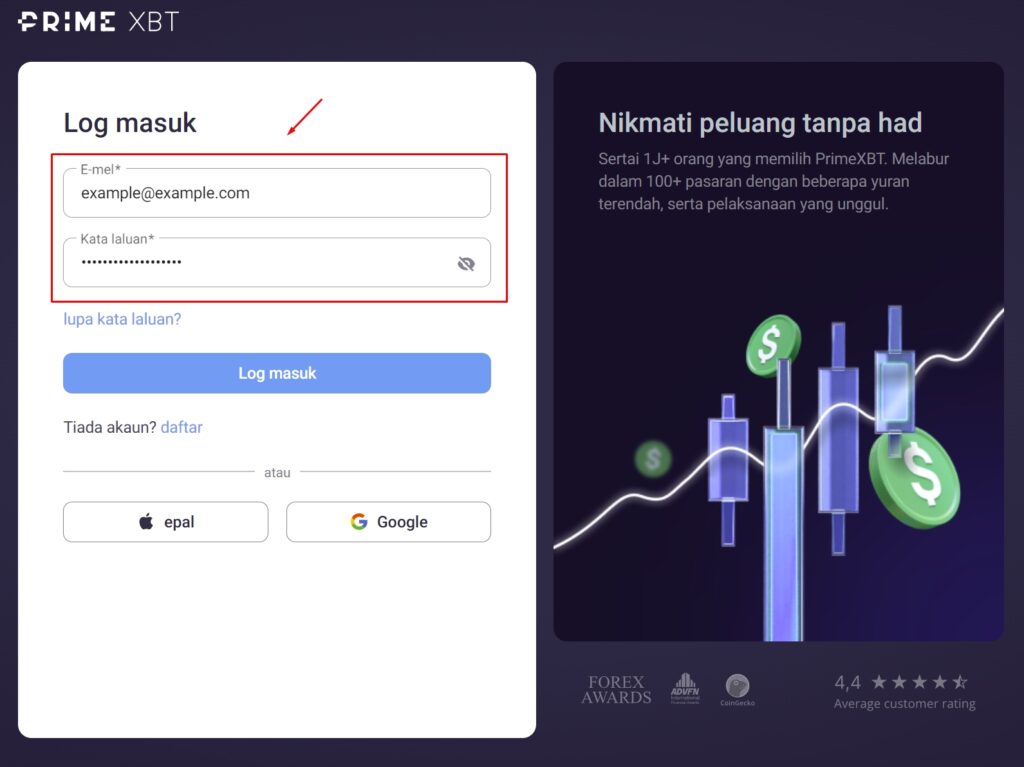 Kelayakan log masuk PrimeXBT.