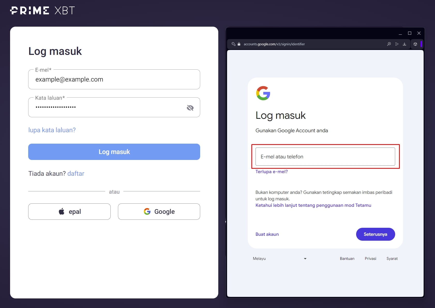 Log masuk PrimeXBT melalui akaun Google.