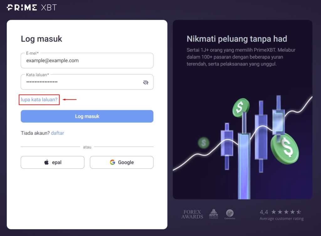 Lupa kata laluan PrimeXBT.