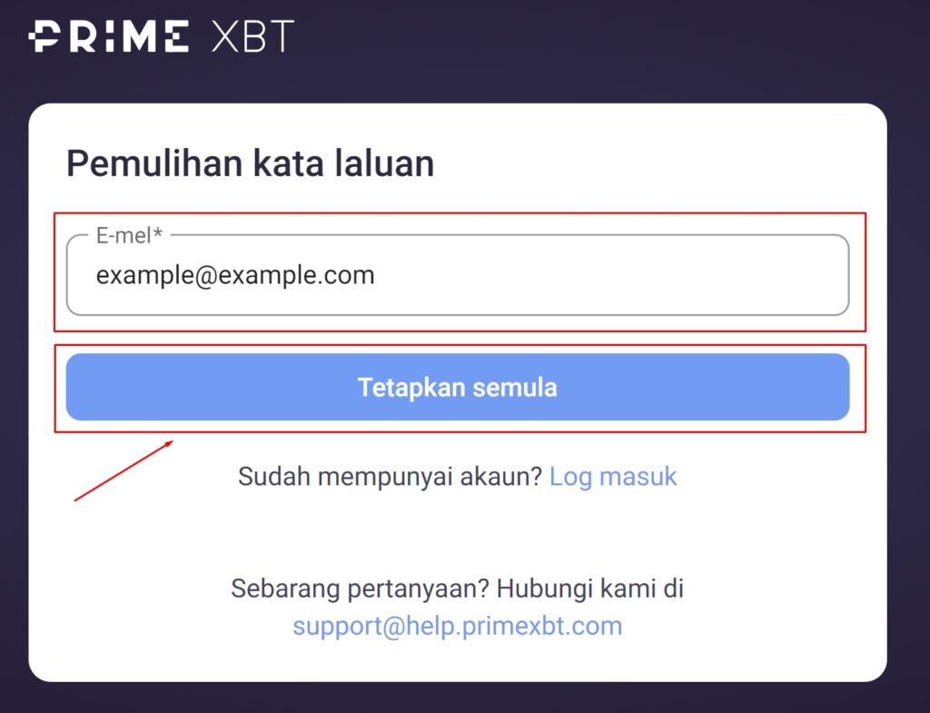 Pemulihan kata laluan PrimeXBT.